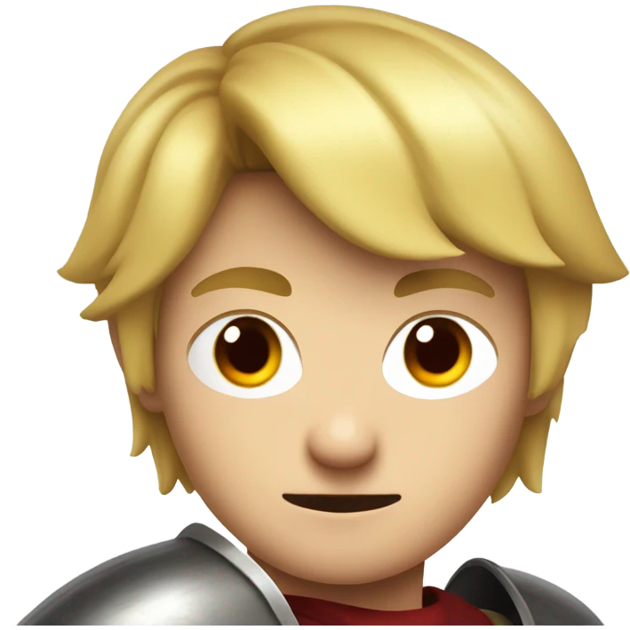 A boy knight Link with blonde hair and red eyes shouting emoji