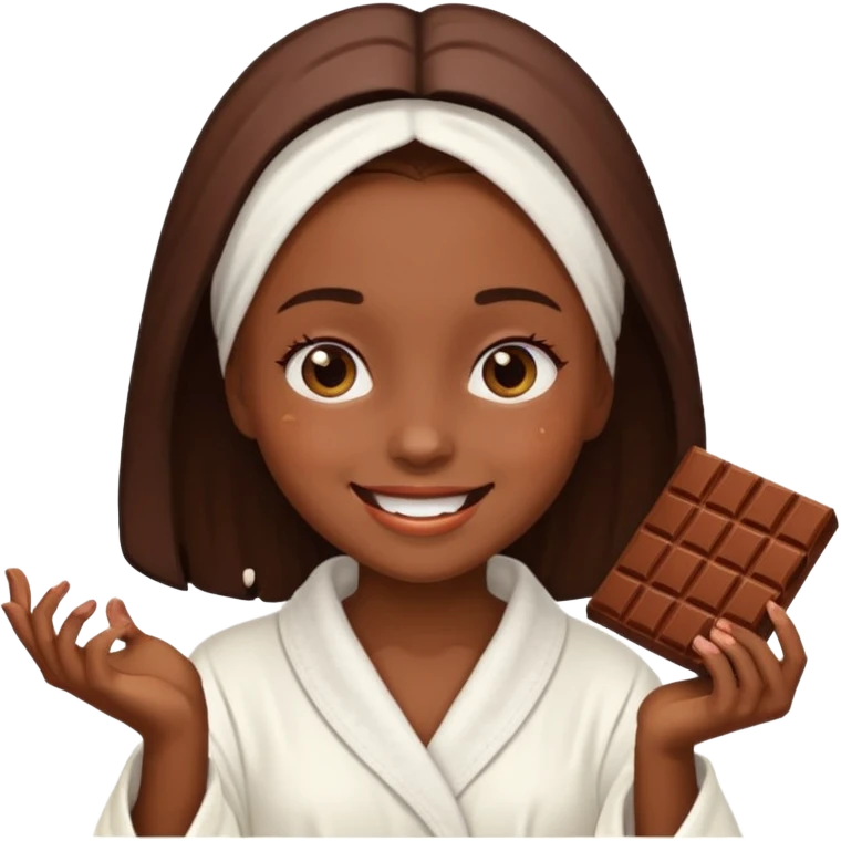 girl having facial wearing white robe, chocolate facial emoji
