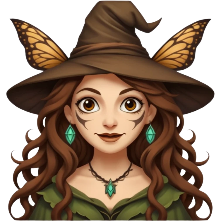 mischievous forest witch woman long wavy brown hair tattoos smirk moth emoji