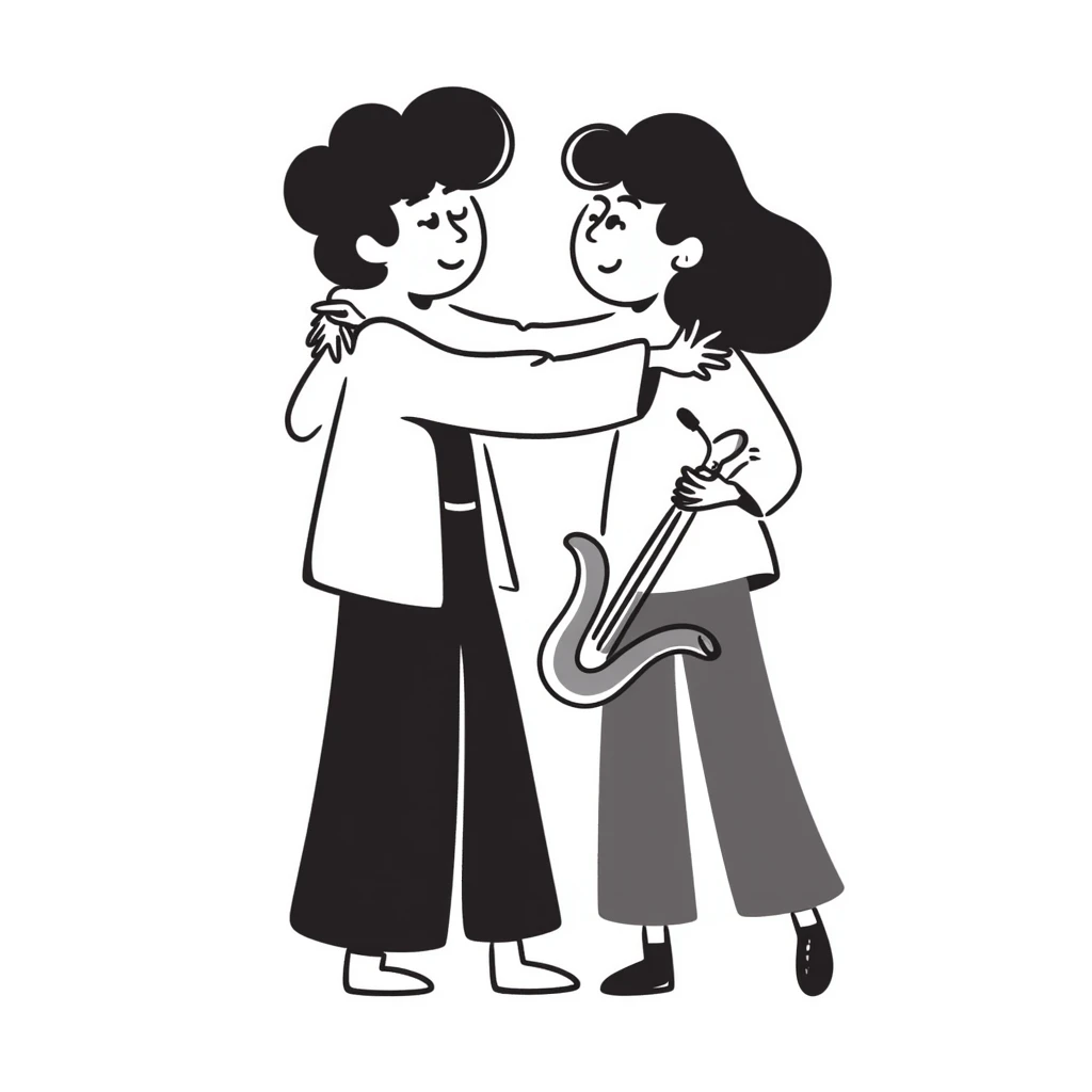 Two musicians of the same gender giving each other a friendly side hug, professional greeting, fraternal embrace, smiling, musical instruments nearby, colleagues congratulating each other emoji