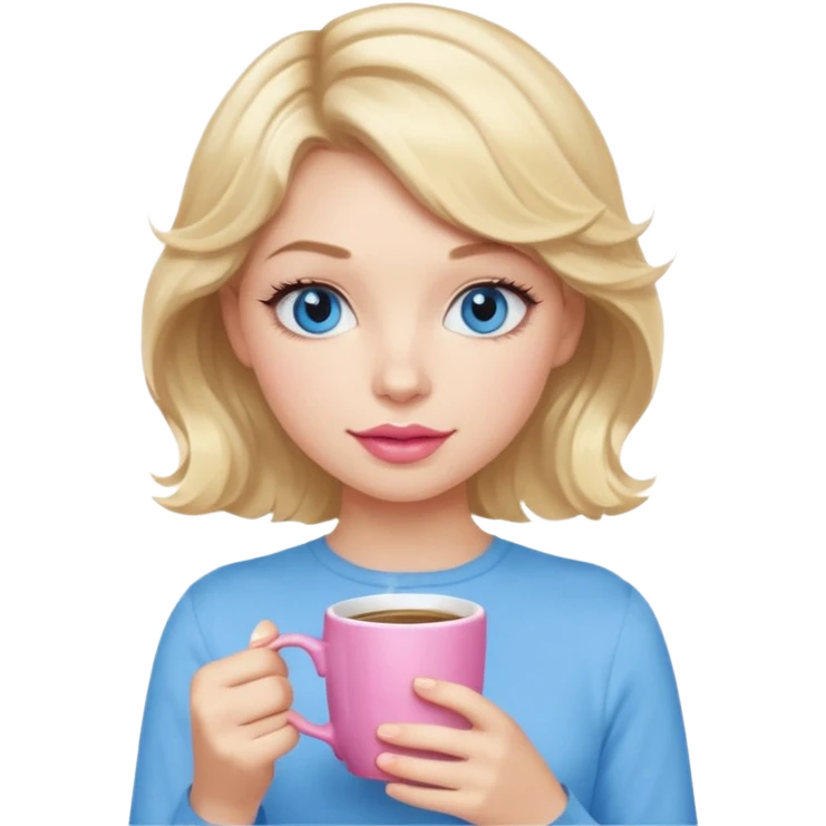 Girl Blonde short wavy hair,  blue eyes, cute blue top, long lashes, pink lips, holding hot white coffee mug emoji