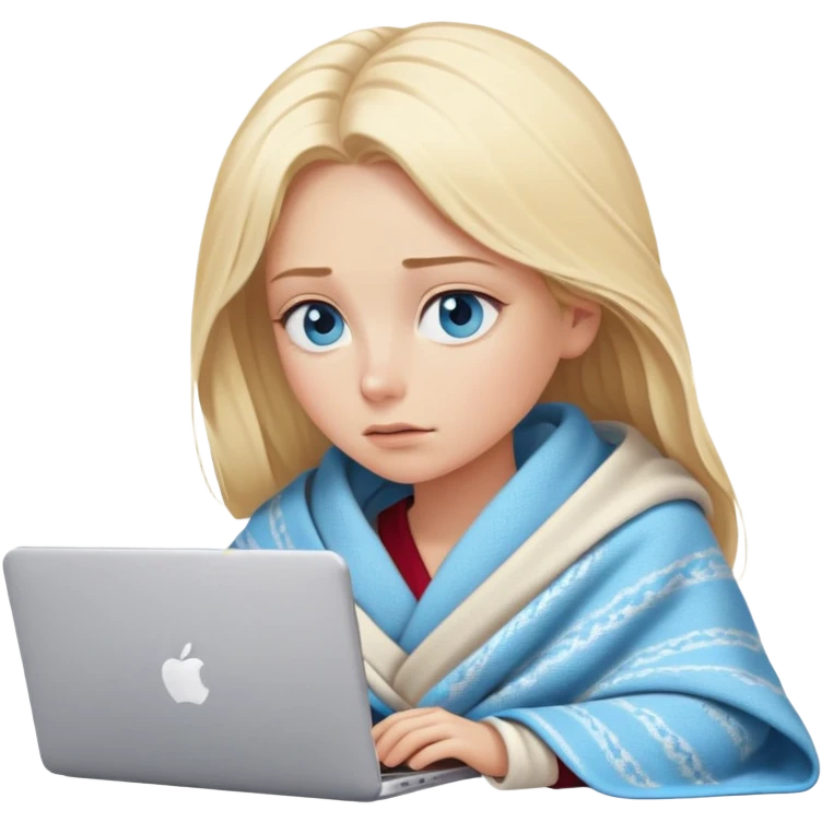 blonde woman with blue eyes and blonde hair Wrapped in a blanket looking at a computer with eyes half shut emoji