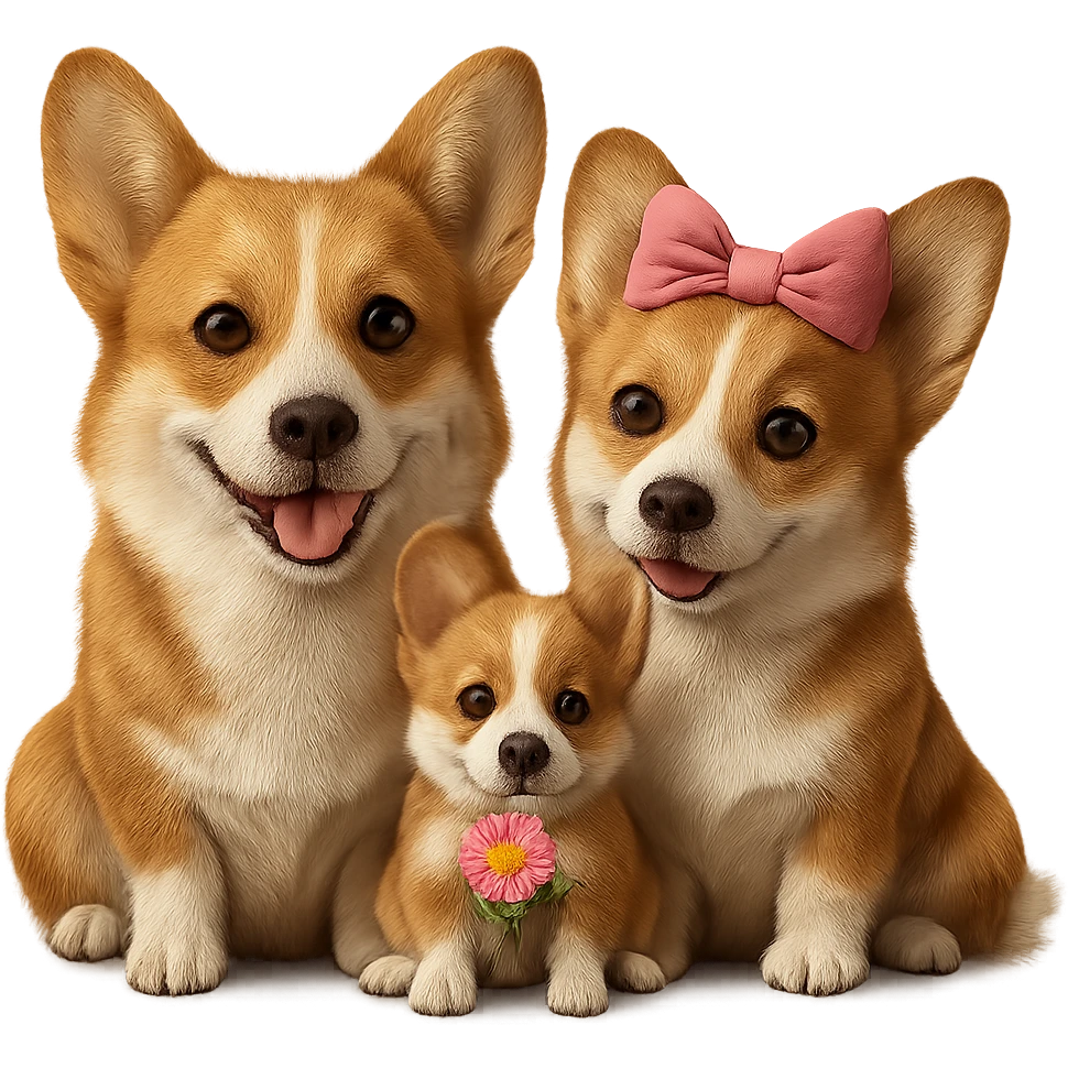 Make the corgi family just a little more realistic while keeping the 3D emoji style. Transparent background. emoji
