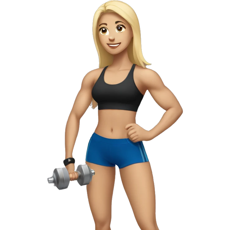 blonde woman working out with a black tank top and a blue shorts holding a dumbbell emoji