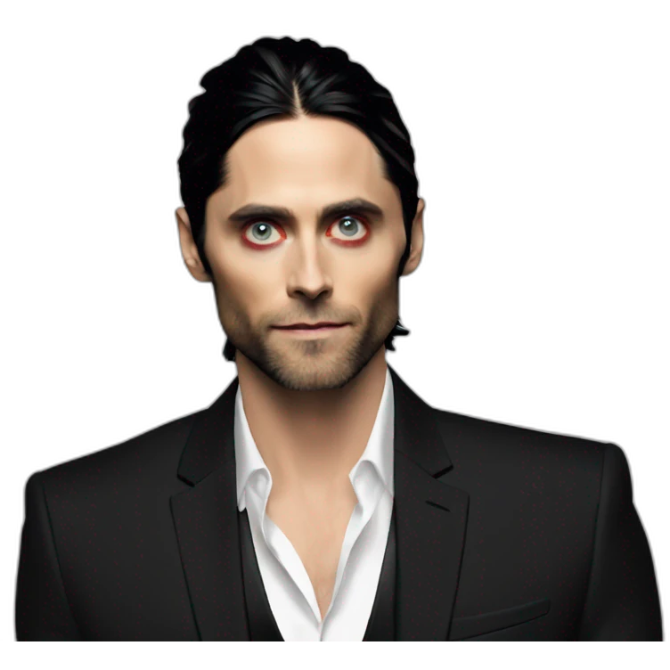 Jared Leto in a black suit black hair red eyes emoji