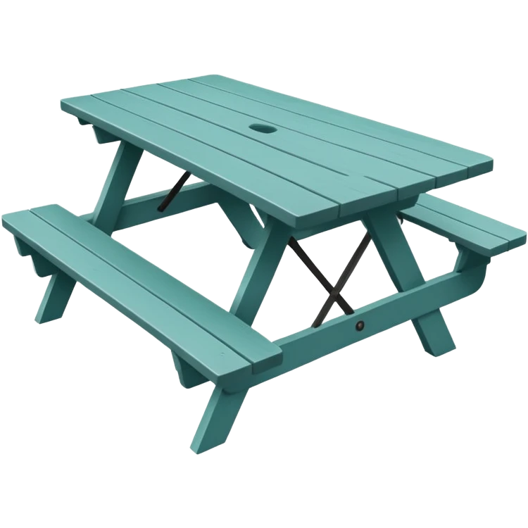 picnic table with attached benches, muted teal, straight vertical legs, small wheels, flat wood-style silhouette, minimal shading, clean geometry emoji