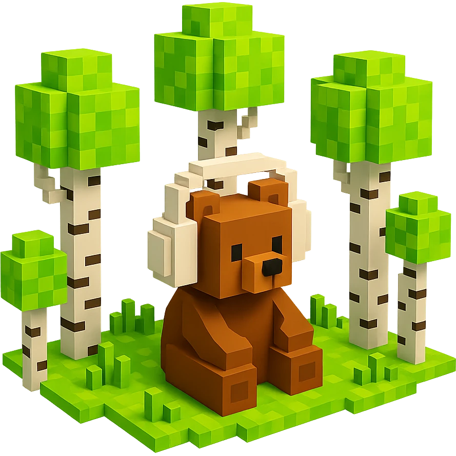 березовый лес, в котором сидит бурый медвежонок в белых наушниках (наушники должны закрывать уши медведя), no background  emoji