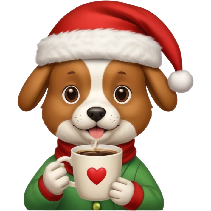 Un perro con un sombrero de Navidad que tenga una taza de café en la mano emoji