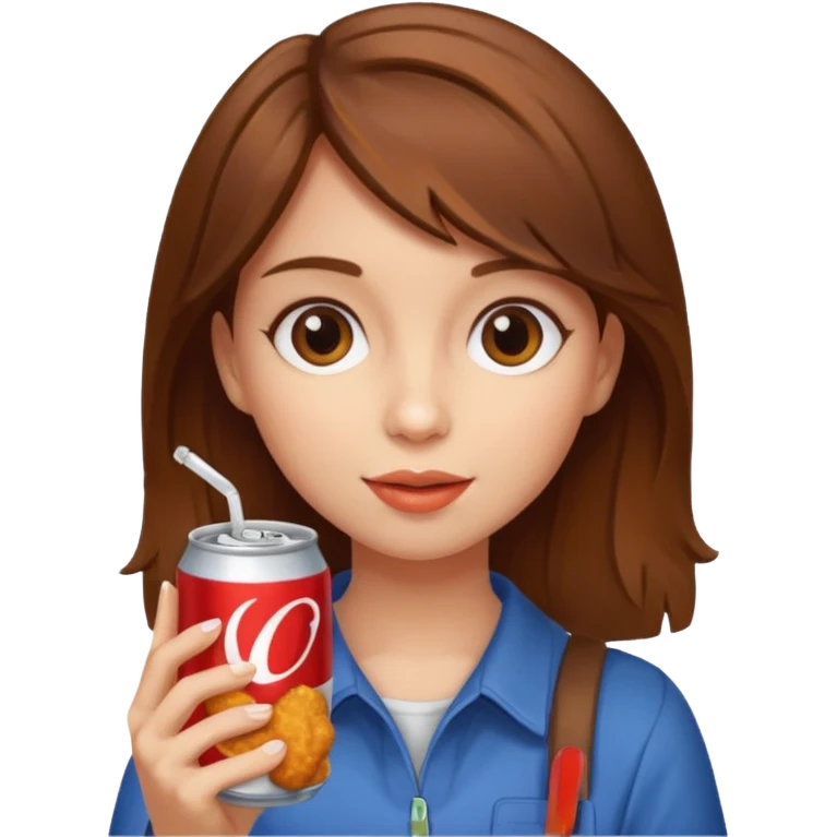 brown hair girl eating with mouth on the chicken nugget and holding a soda can emoji