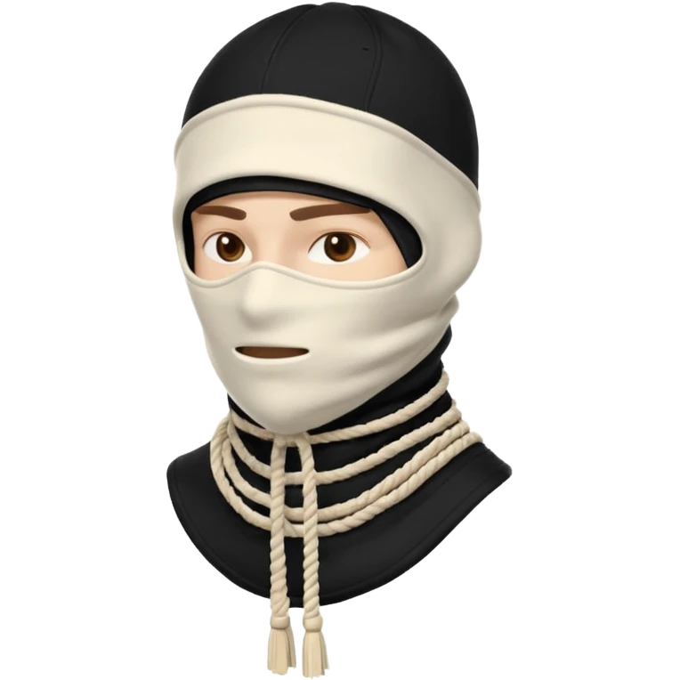 Deconstructed off-white balaclava with frayed layers, rope tassels, subtle embroidery. Studio photo, white bg, soft light. Streetwear luxury style.
 emoji
