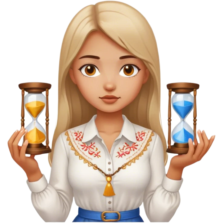 A Ukrainian girl in a white embroidered shirt holds an hourglass in her hands emoji