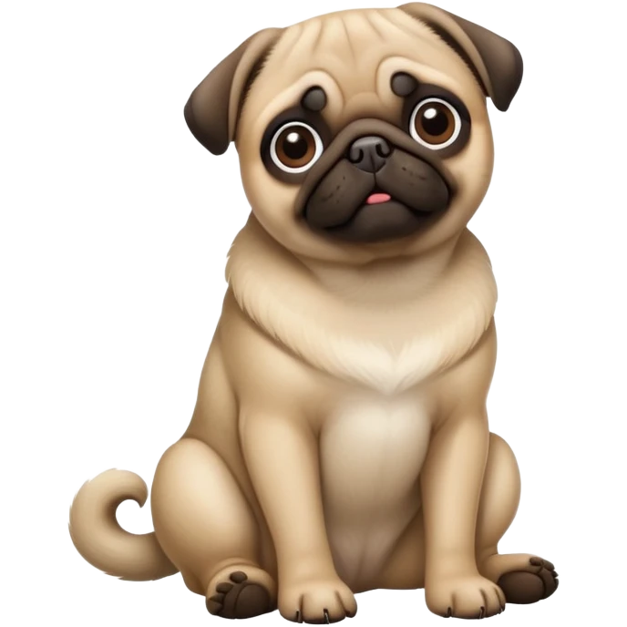 detailed-[pug]-realistic-full-body-sitting-emoji,-tail-resting-loosely-beside-its-paws,-head-tilted-dramatically, -sleek-[fawn]-fur,-simplified-yet-realistic-focused-features,-highly-detailed,-glowing-with-an-almost-sarcastic-glow emoji
