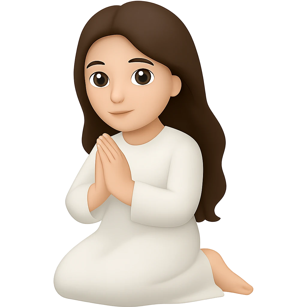 Change the dress to white robes, keep the woman kneeling and praying, long dark brown hair, in emoji style. Remove the background. emoji