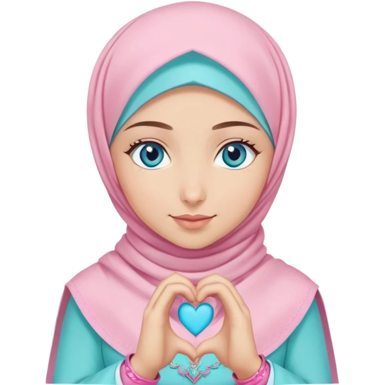Turkish beautiful finish Konya girl blue eyes with light turquoise and pink hijab islamic dress and making heart with hands and with thank you text emoji