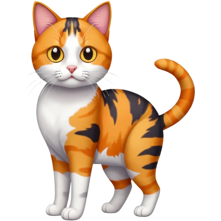 full body anxious looking colourful calico tabby cat with disproportioned head to body with fully white front legs emoji