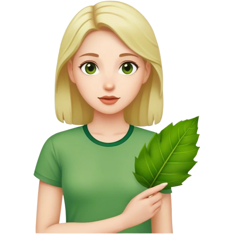 woman in green shirt with leaf emoji