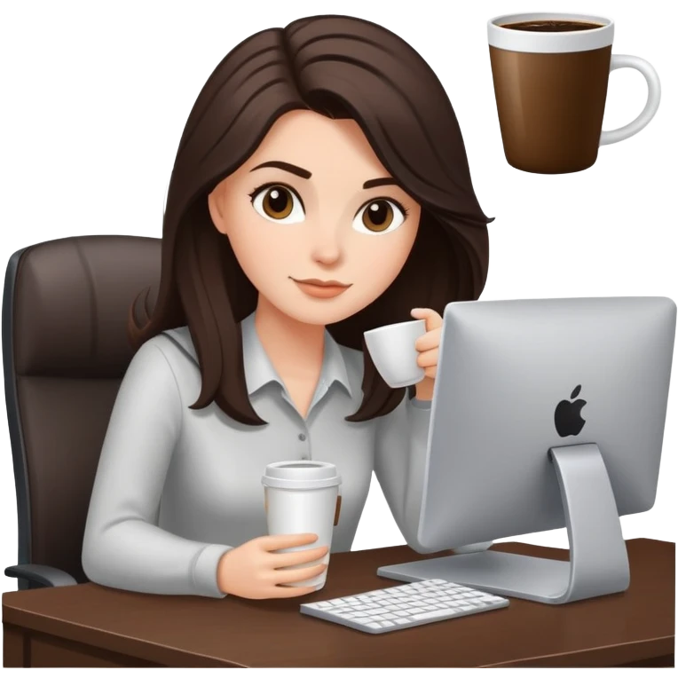 white girl with dark brown/black hair with fresh blowout sitting at a desk with coffee and computer emoji