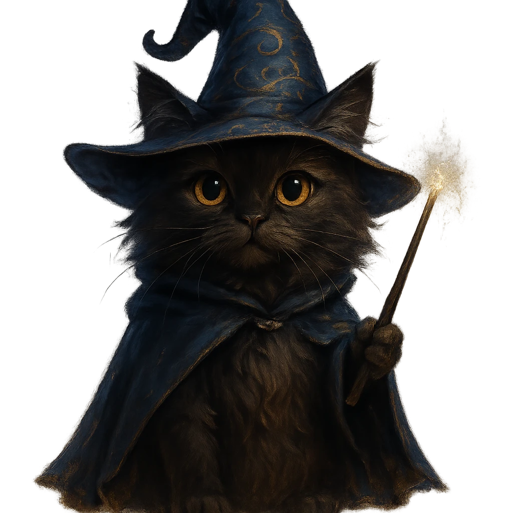 wizard cat wearing a magical hat, holding a wand, magical fantasy style emoji