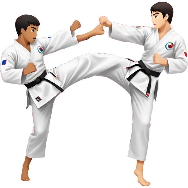 Two taekwondo fighters in a competition arena, one performing a high spinning kick towards the opponent’s head, while the other blocks with a precise guard. The background features a dynamic, bright arena with flags, emphasizing speed and agility in the martial art. Transparent background  emoji