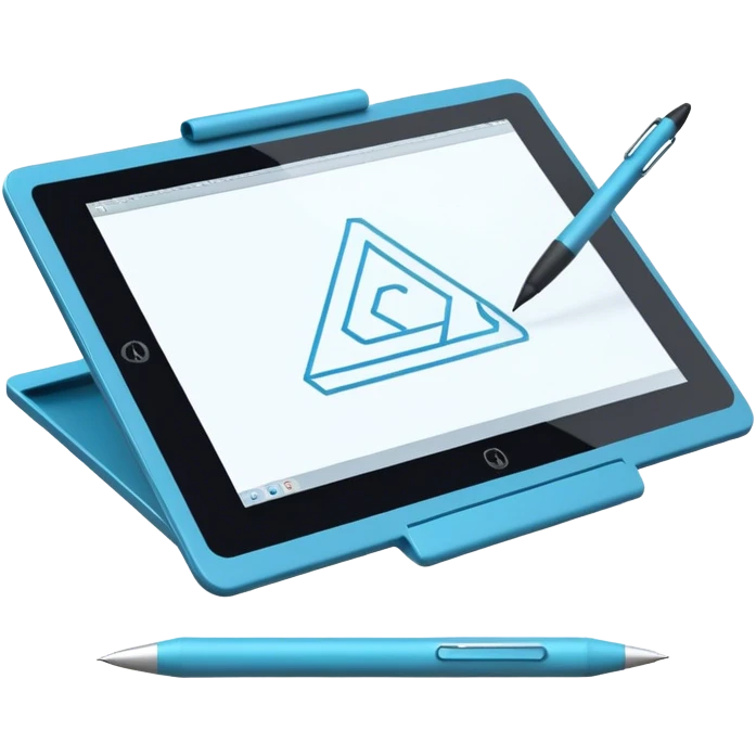 Create an emoji for 3D visualization and modeling. Show a large graphic tablet with a stylus drawing in a 3D modeling program. The 3D model on the screen should appear to protrude out of the screen. Use modern, professional colors. Make the background transparent. emoji