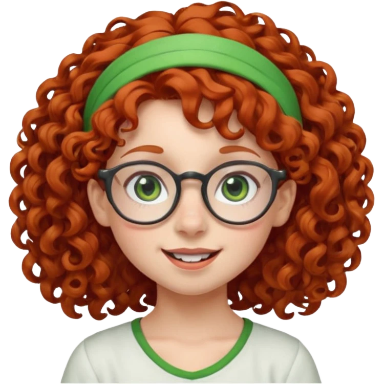 redhead kid with unique face features and very curly hair kid girl happy and big glassess and big nose and very green eyes and headband emoji