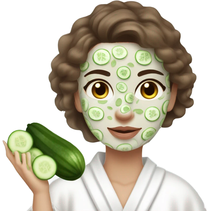 White girl with Brown hair and blue eyes wears a Green colored skincare clay textured mask and puts on cucumbers around her eyes while She relaxes in her white Robe emoji