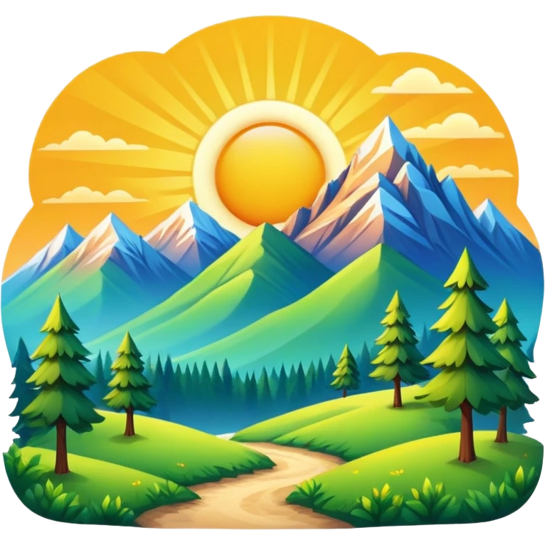 nature landscape with mountains, trees, and sun emoji