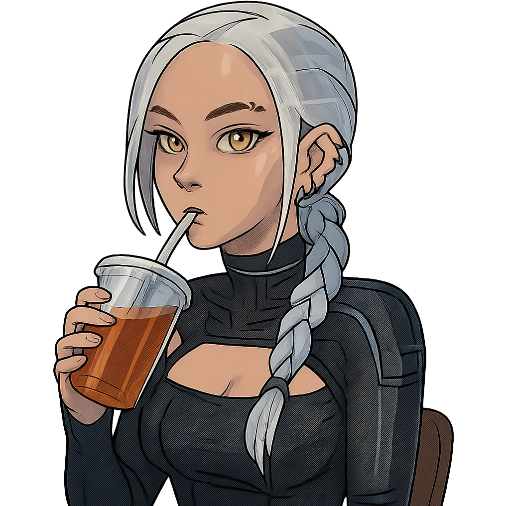  she is sipping a delicious tea drink, a closeup portrait of young woman with gold yellow eyes, white hair, long braid, black off-shoulder top d-cup, punk gothic style, futuristic cyberwave cyberpunk, sitting position
 emoji