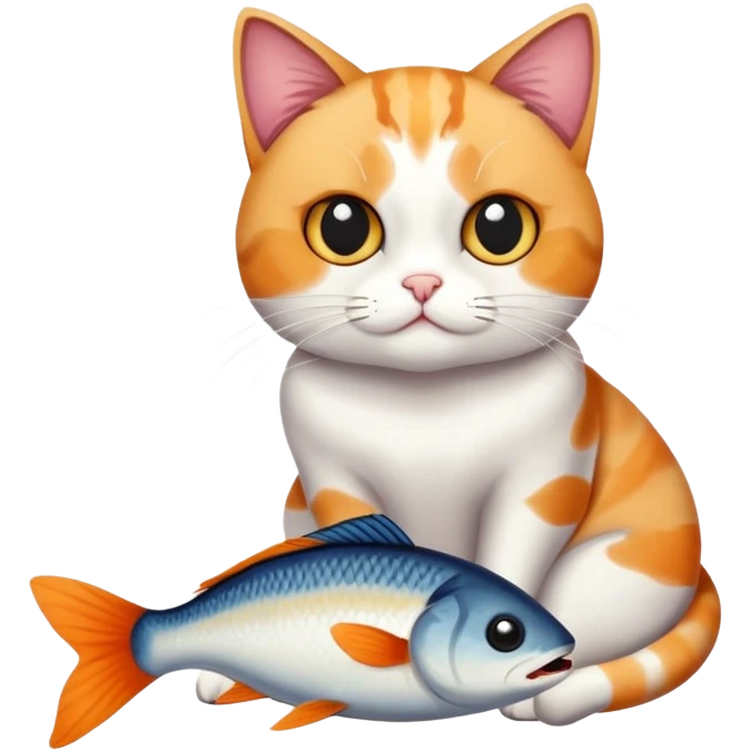 cat full body sitting with black eyes eating a fish emoji