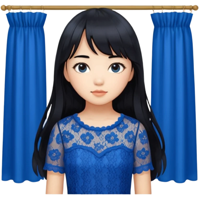 Long hair asian girl with curtain bangs with a blue lace top on with GG written emoji