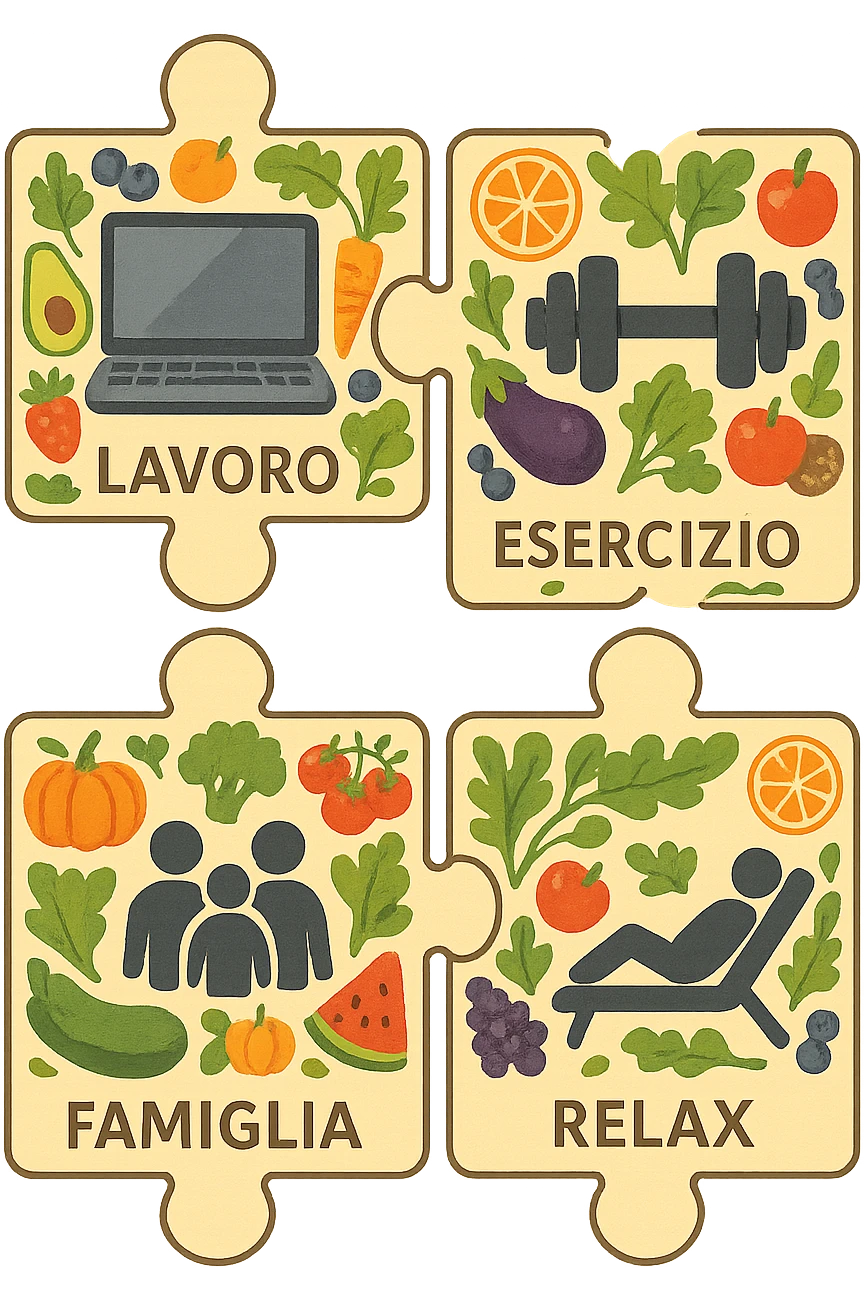 Puzzle (Lavoro, Esercizio, Famiglia, Relax), in lavoro metti icona di un PC, in Esercizio un Manubrio, in Famiglia una famiglia, in Relax qualcuno che riposa and healthy foods are integrated into each piece. in italiano emoji