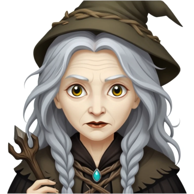 Baba Yaga sorceress woman with long wild hair, forest background emoji