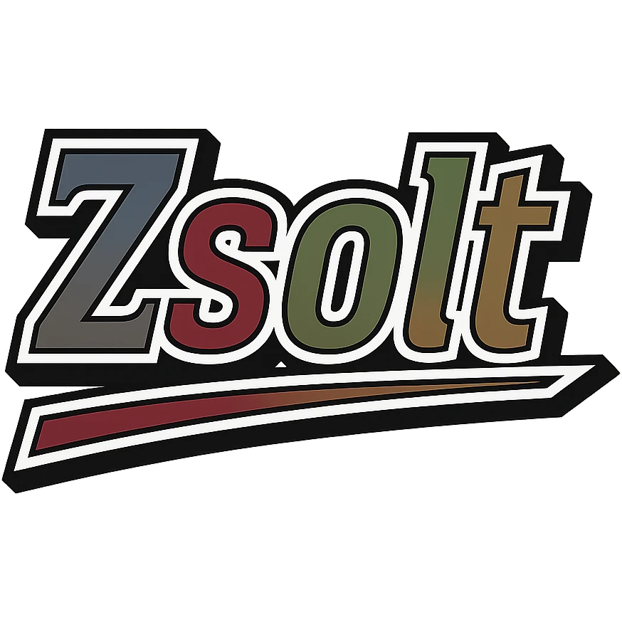 Text image of the name 'Zsolt' in a masculine, modern font with gradient colors including blue, gray, burgundy, green, and brown. The text has precise Hungarian characters, a dark contour, extra thick and prominent white letter border, dynamic slanted underline. Image size 1000x1000 px, PNG format, transparent background. emoji