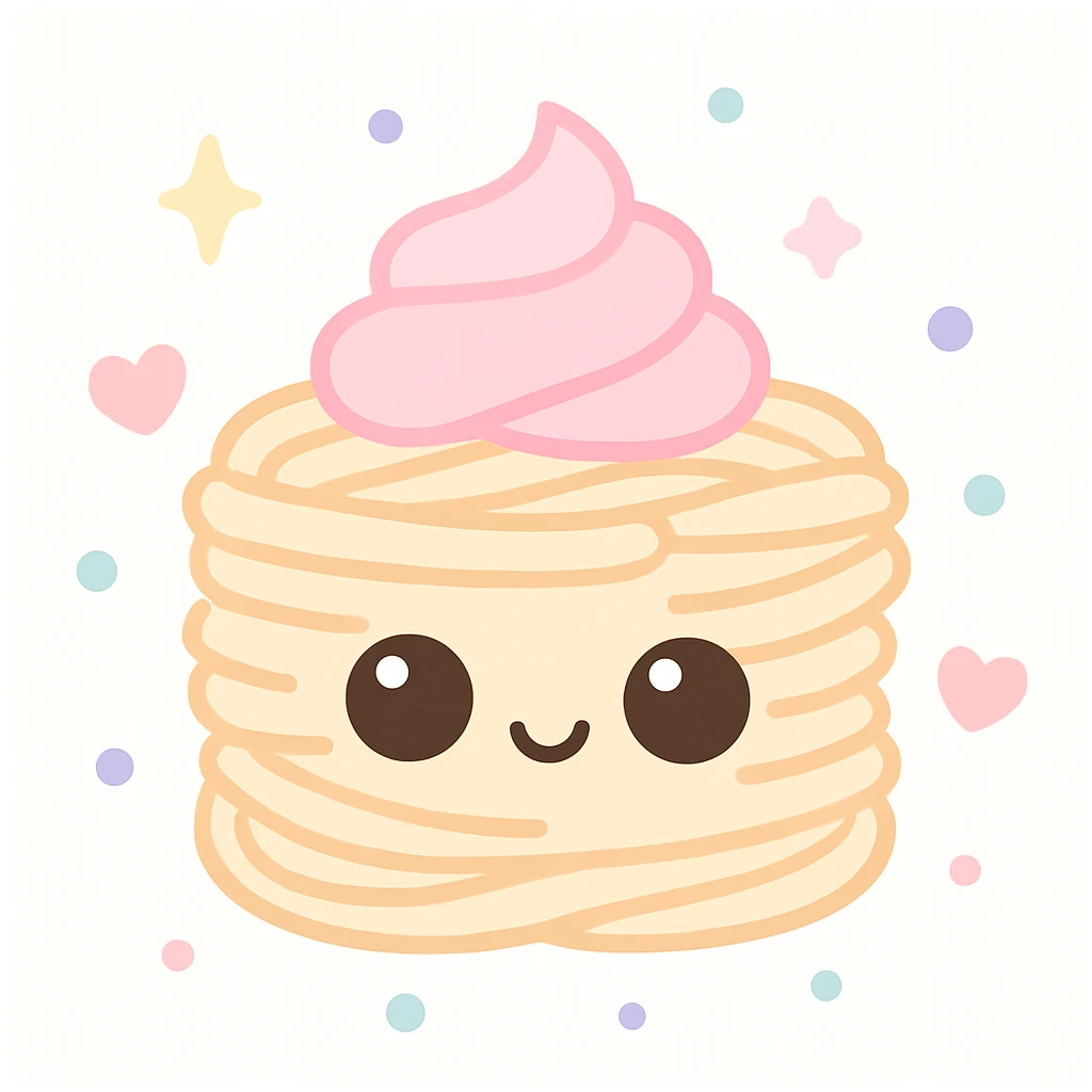 {
  "style_description": {
    "overall_look": "Cute, minimal, and soft with a friendly and playful tone",
    "material_simulation": {
      "primary_material": "flat digital color",
      "texture_detail": "smooth surfaces with no texture or shading",
      "pattern": "none or very simple decorative accents (e.g., hearts, stars)"
    },
    "geometry": {
      "edge_style": "rounded, soft curves with no sharp angles",
      "dimensionality": "flat two-dimensional appearance with simple shapes"
    },
    "color_palette": {
      "scheme": "pastel and light tones",
      "preferred_colors": ["pink", "mint", "lavender", "baby blue", "peach"],
      "contrast": "low contrast with bright accents"
    },
    "facial_features": {
      "eyes": "large, sparkly, often oval or circular",
      "mouth": "small, often a simple curve or dot",
      "expression": "joyful, innocent, or calm"
    },
    "lighting": {
      "type": "none or implied with soft highlights",
      "purpose": "maintain a clean and cheerful look"
    },
    "render_constraints": {
      "avoid": ["realistic shading", "high detail", "dark themes", "texture noise"],
      "focus_on": ["cute expression", "iconic simplicity", "emotional warmth"]
    },
    "background": {
      "color": "white or soft pastel",
      "style": "plain or patterned with simple icons (e.g., polka dots, stars)",
      "lighting_consistency": "no shadows, evenly lit feel"
    }
  }
}

{subject} = linguine cake emoji