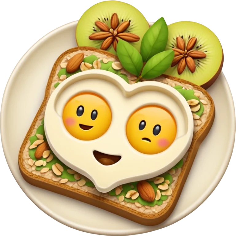 Vegetarian breakfast emoji illustration, flat iOS emoji style, toast, fruits, oatmeal, nuts, milk, no eggs, no meat, no fish, no non-vegetarian food, clean white background.” emoji