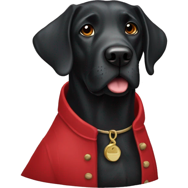 Old black Labrador wearing a red coat emoji