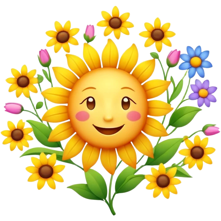 Happy smiling sun character with spring flowers blooming around it emoji