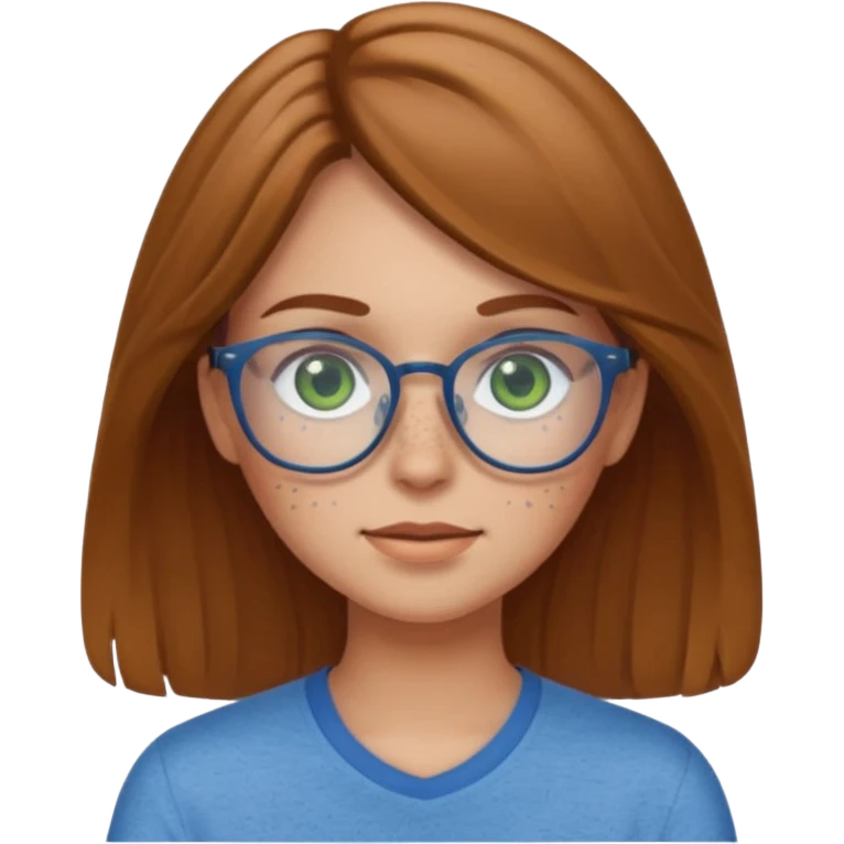 Create an emoji of a girl with light brown hair medium length hair, green eyes, freckles, glasses and wearing a blue shirt emoji