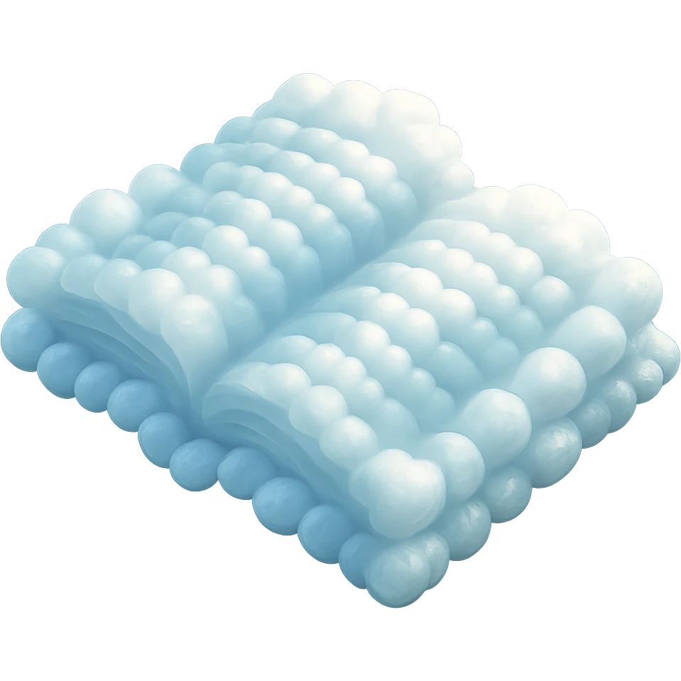 top view of a thick open book made entirely of small, very bright white fluffy convex clouds, matte glass style, no background emoji
