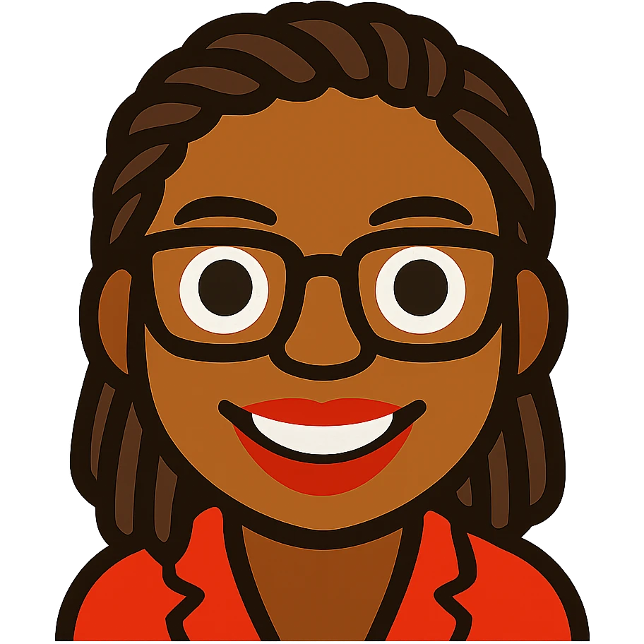 headshot emoji of Kemi Badenoch, with glasses and braided hair, standing, cartoon style, transparent background emoji