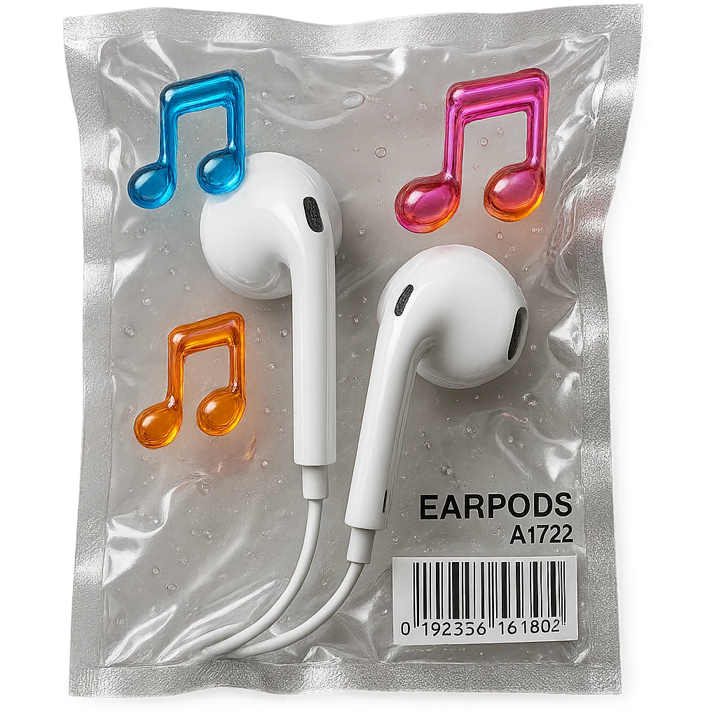 pair of white EarPods with three floating glass music notes in neon colors, shiny and puffy emoji