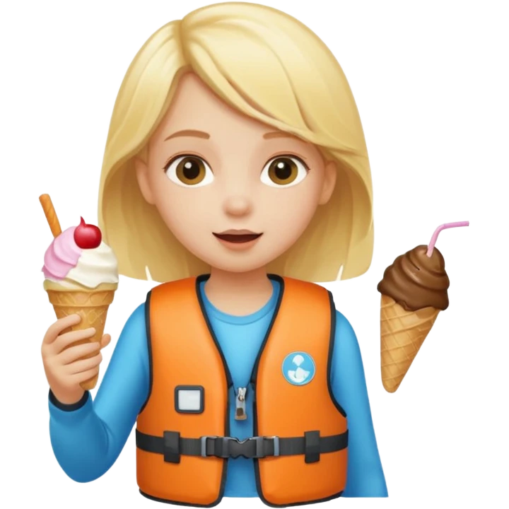 girl blonde kid wearing lifejacket, eating ice cream emoji