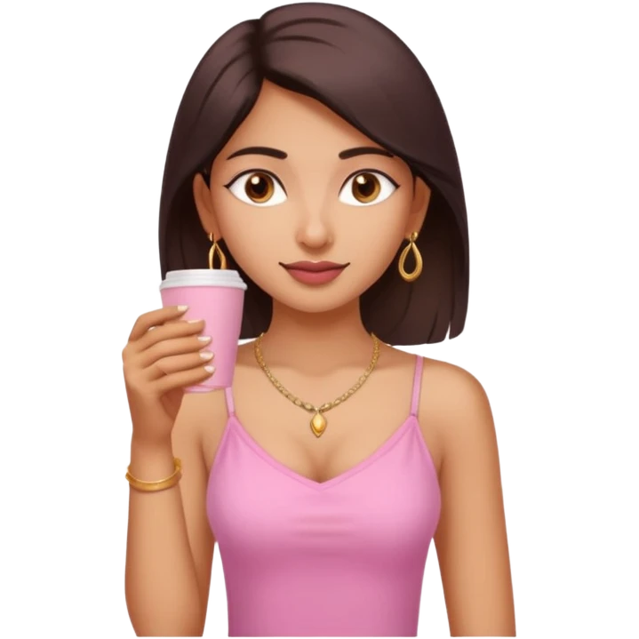 a pretty fair indian bratz girl with a pink cami top, drinking takeaway brown coffee, golden dainty necklace emoji