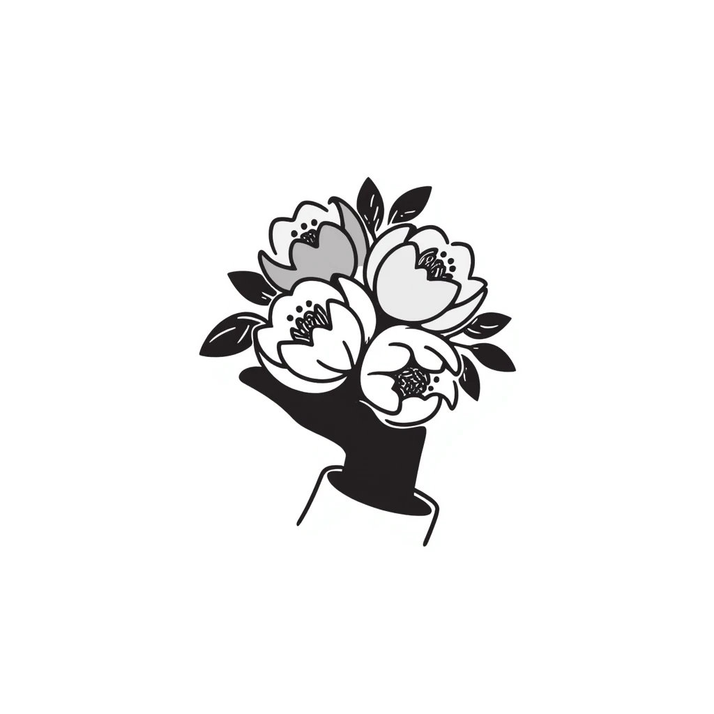 a bouquet of peonies with lush petals and leaves, held in a hand, in pastel colors dd9fb0 ffc6d3 a3bfc9 c4bee2 f1b091 emoji