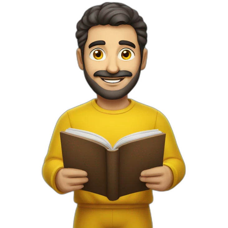 Armenian men with the yellow clothes reading book and looking at camera and smiling  emoji