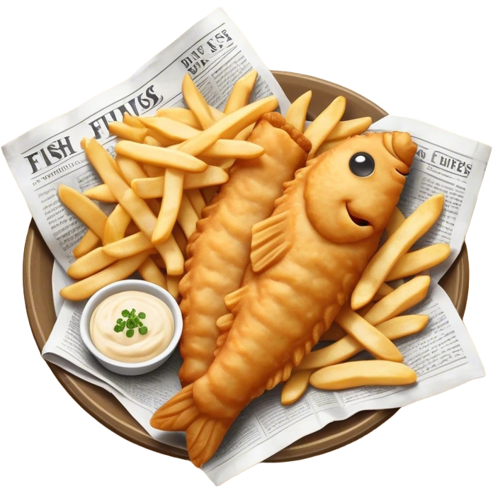 Fish and Chips Cinematic Realistic Fish and Chips Dish Emoji, depicted as a crispy battered fish fillet and golden chips served in traditional newspaper wrapping, rendered with lifelike textures and warm natural lighting that captures its iconic British street food charm  . emoji
