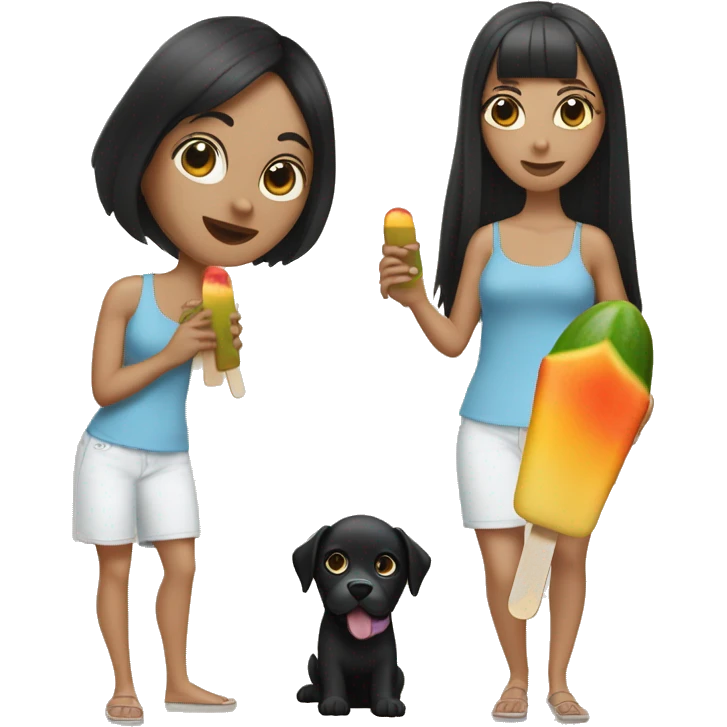 A white woman with long straight black hair, brown eyes, holding a black dog and a mango flavored ice popsicle in the other hand  emoji