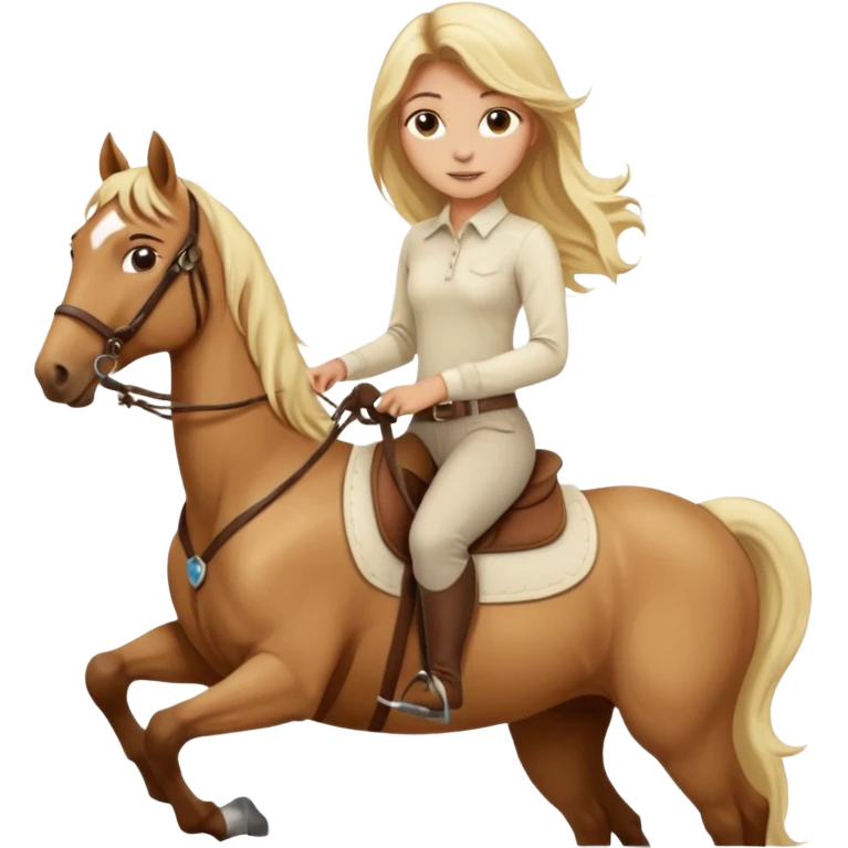 Tan girl with long blonde hair wearing a cream colored long sleeve shirt and riding pants on top of a brown horse with 4 legs emoji
