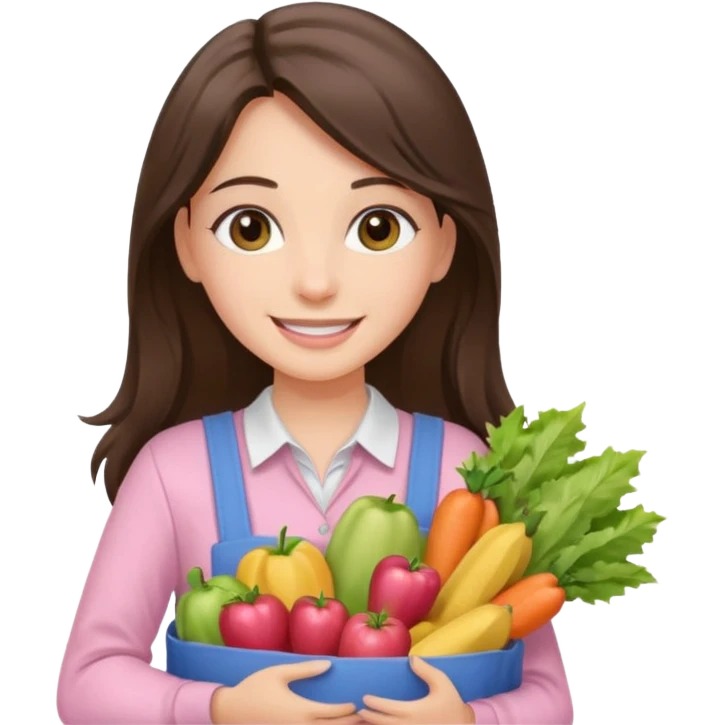 smiling long brunette hair girl hazel eyes wearing light pink clothes holding groceries emoji