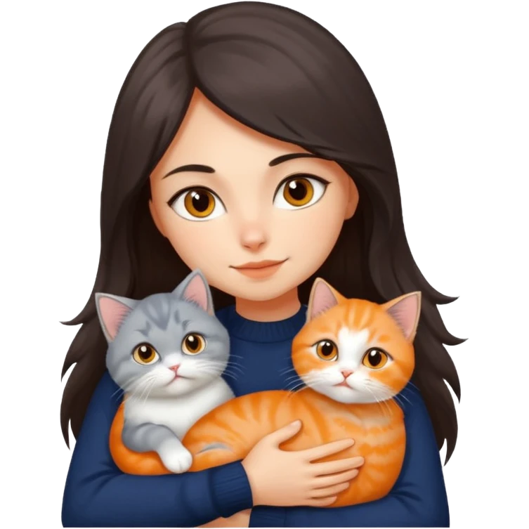 a girl with long dark brown hair, in a navy sweater, hugs a persian peaknose grey cat and persian peaknose orange and white kitten emoji